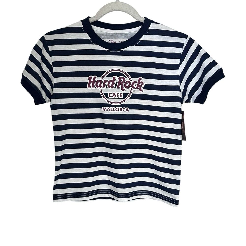 Hard Rock Cafe Girls Sz M Mallorca Navy Blue White Striped Graphic T-Shirt NWT